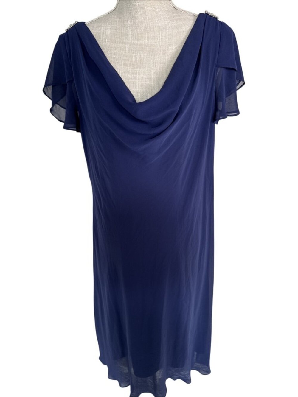 SL Fashions Navy Chiffon Dress Size 14W With Flutter Sleeves Pearl Embellishment